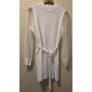 Madison + Hudson Women's White Sweater Dress PSmall Sheer Sleeves‎ Belt